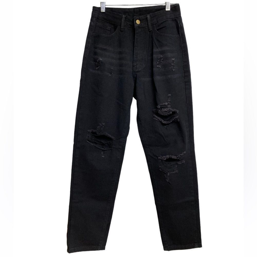 SHEIN High Waist Mom Jeans Women's Size S Black Distressed Ripped Grunge Goth